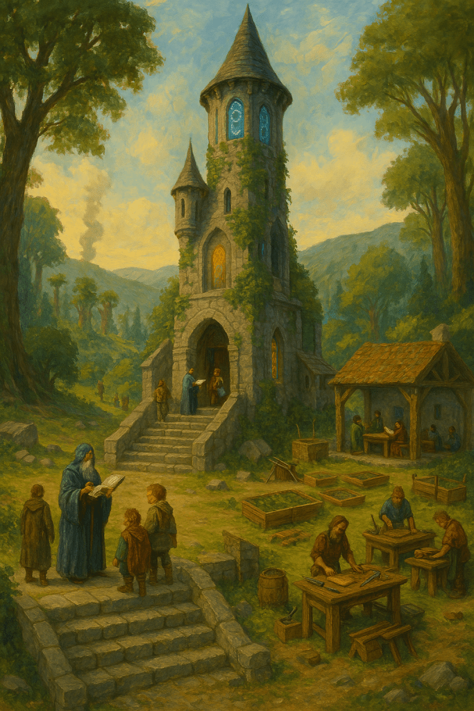 A tall, weathered wizard’s tower rises from a lush forested valley, its stone walls partially covered in ivy and moss. Around the tower, a diverse group of humans, dwarves, and hobbits gather—some climbing the stone steps, others meeting in a sunlit courtyard below. New structures, like open-air classrooms and garden plots, are under construction beside ancient magical runes glowing faintly in the windows. In the distance, Ents roam the treeline and smoke curls from dwarven forges. The scene radiates a sense of transformation, blending old magic with emerging collaboration and learning.